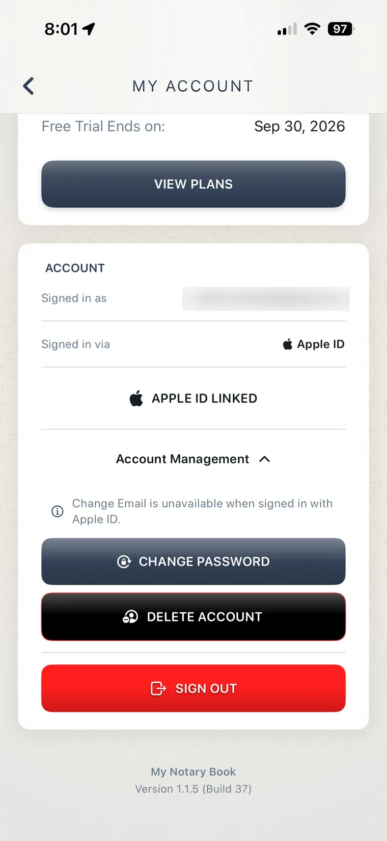 Account Management in My Notary Book on iPhone