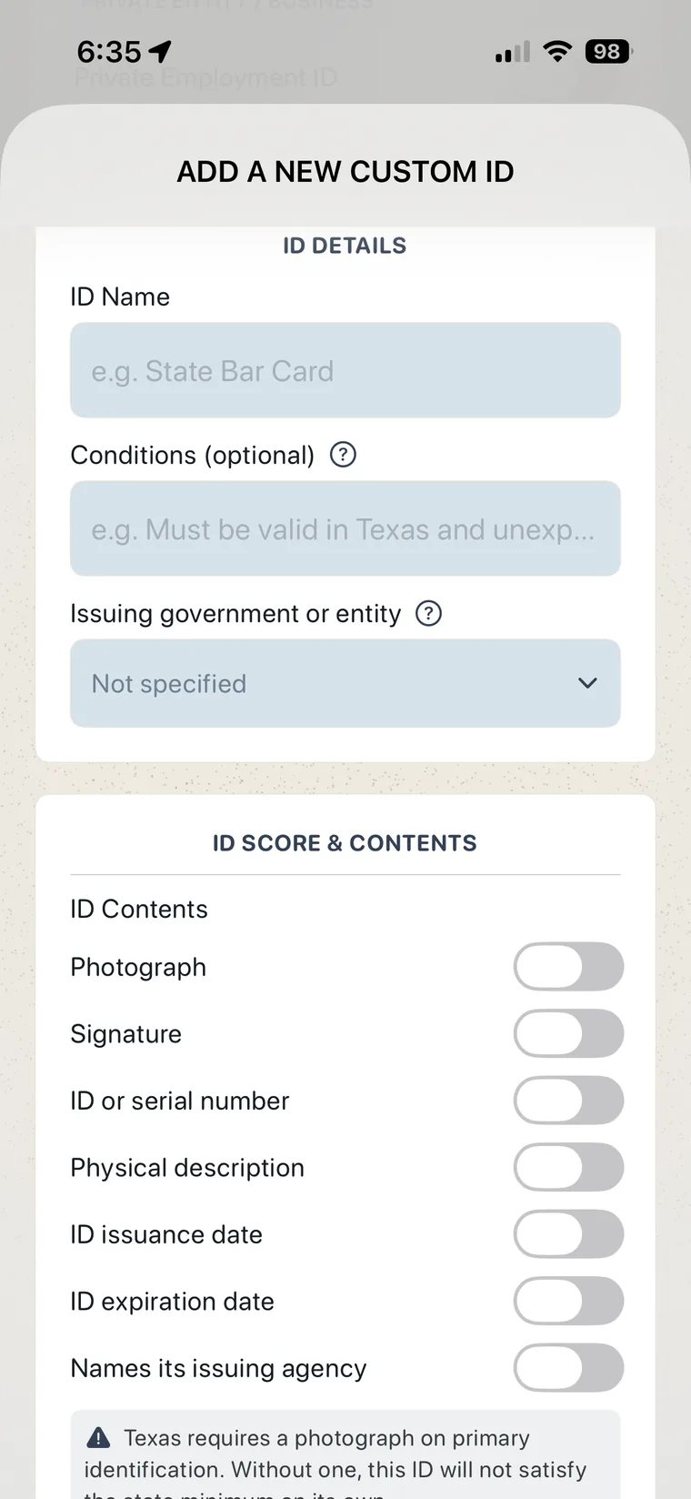 Customizable ID Types in My Notary Book on iPhone