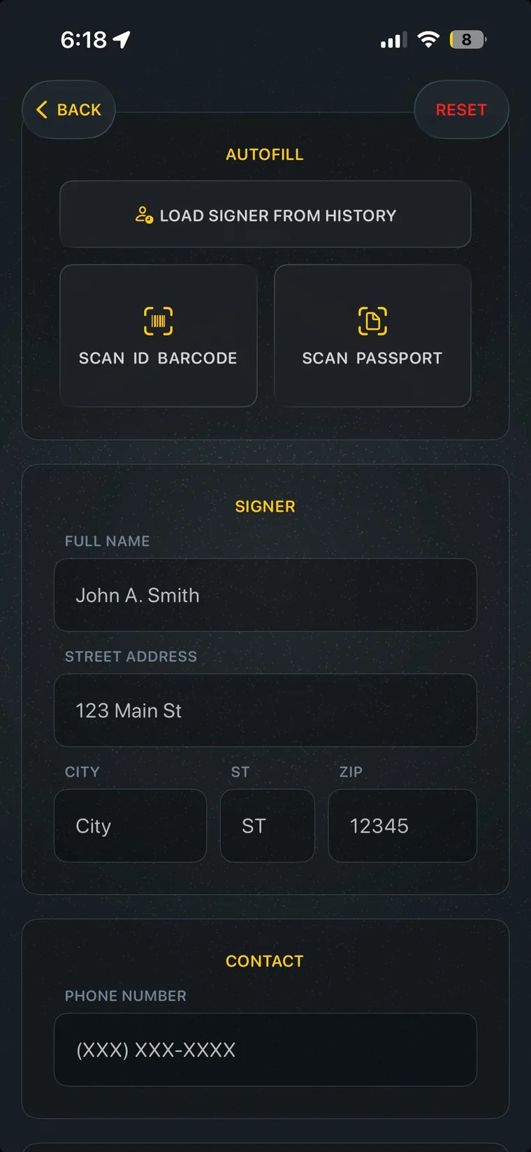 My Notary Book app autofilling a signer by scanning an ID barcode or passport on an iPhone