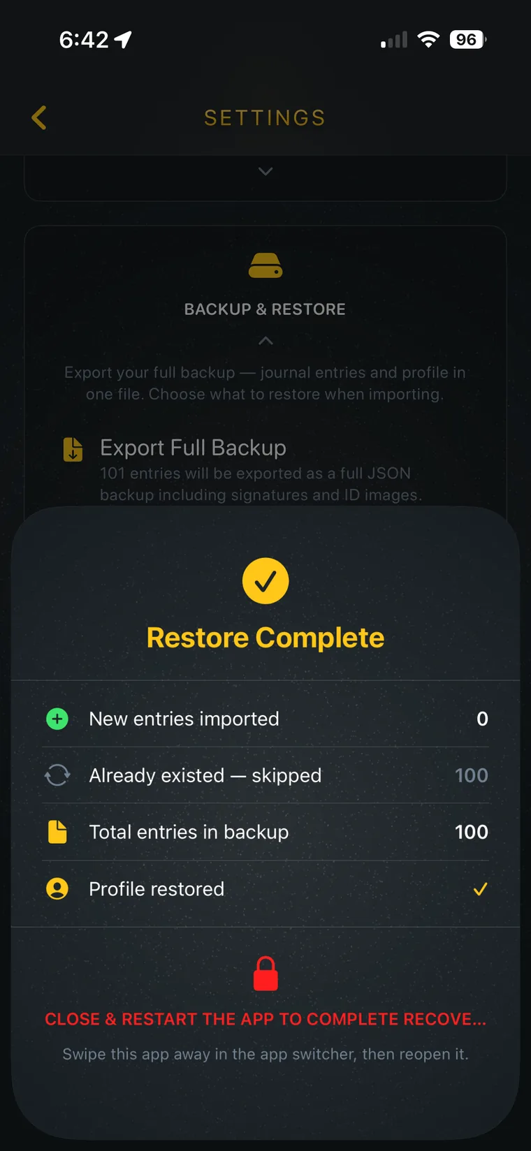 My Notary Book app showing full backup and restore on an iPhone