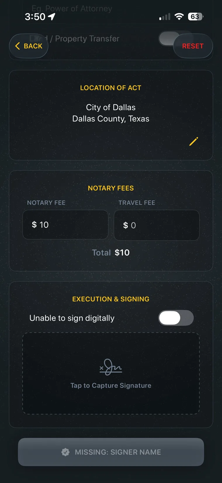 My Notary Book app showing a guided notarization entry on an iPhone