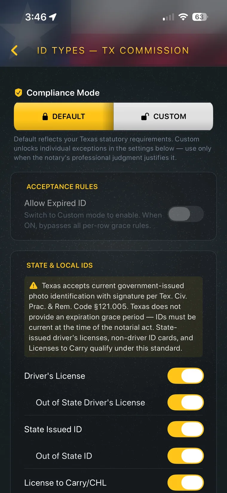 My Notary Book app showing state ID acceptance rules on an iPhone